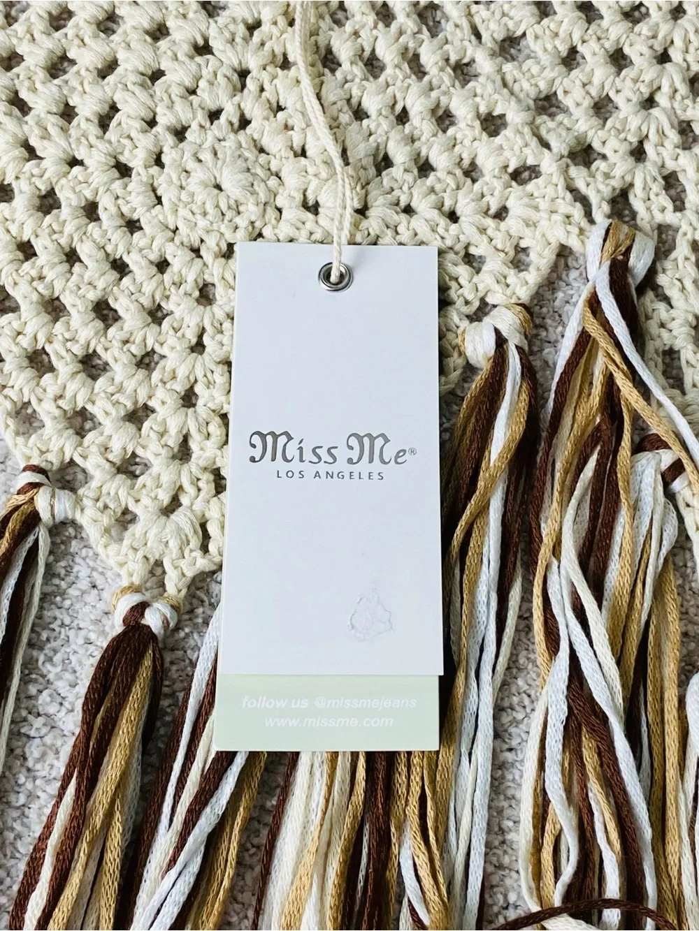 Miss Me Crochet Fringe Tank Top L Boho Festival Cream Brown Tassel Top NWT - Picture 12 of 15